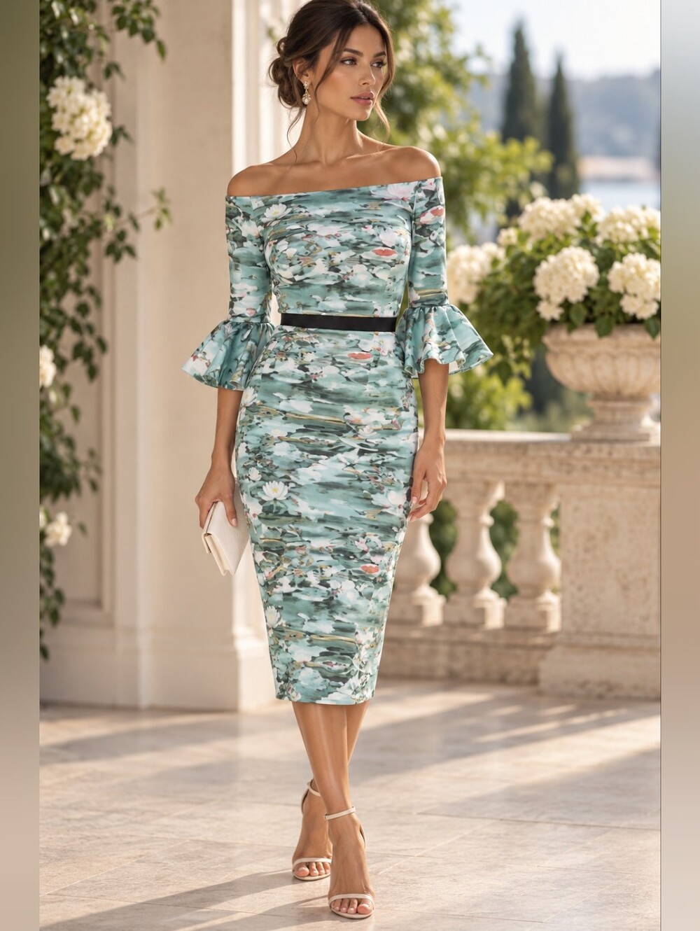 Little Mistress Waterlily Bardot Midi Dress